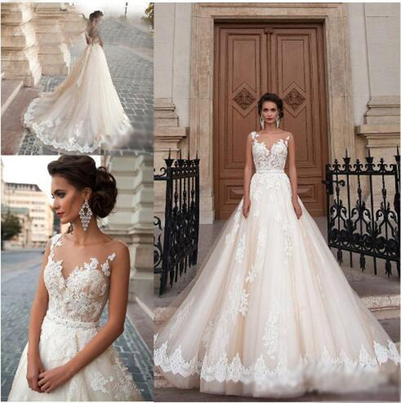 Wedding Dresses Sheer Neck Lace Appliques Illusion Bodices Bridal Gowns Wedding Gowns