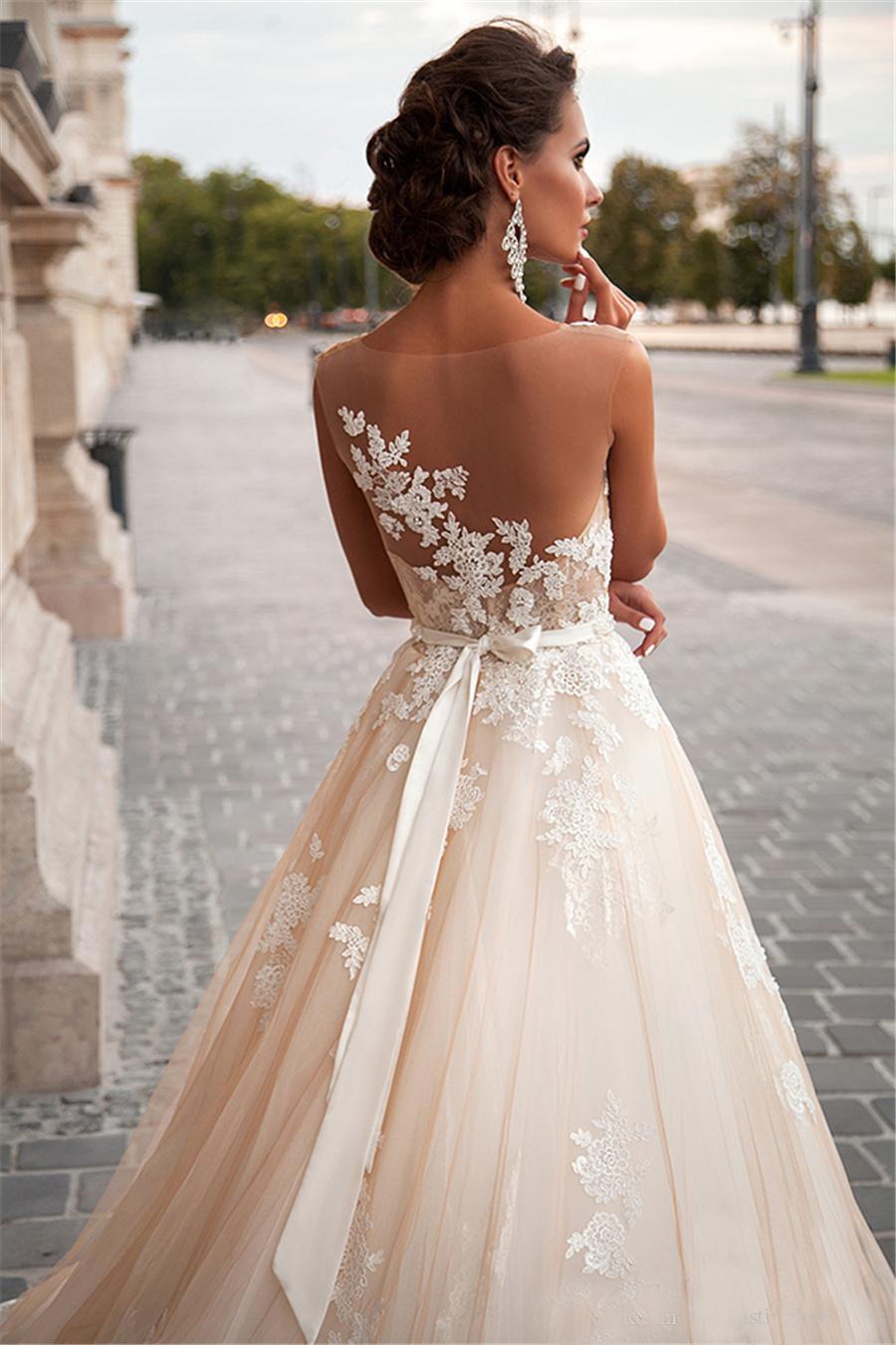 Wedding Dresses Sheer Neck Lace Appliques Illusion Bodices Bridal Gowns Wedding Gowns
