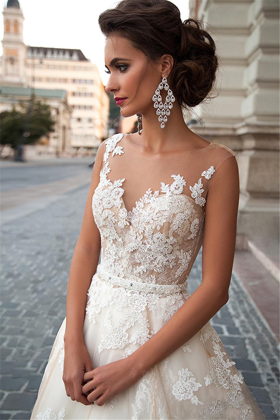 Wedding Dresses Sheer Neck Lace Appliques Illusion Bodices Bridal Gowns Wedding Gowns
