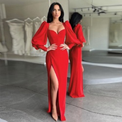 High Quality Long Puff Sleeve V Neck High Waist Celebrity Evening Party Women Sexy Maxi Dress