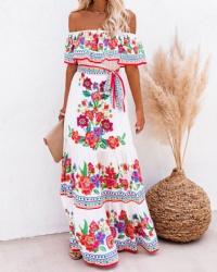 vestido new one-shoulder safflower dress printed long big swing dress sexy dress